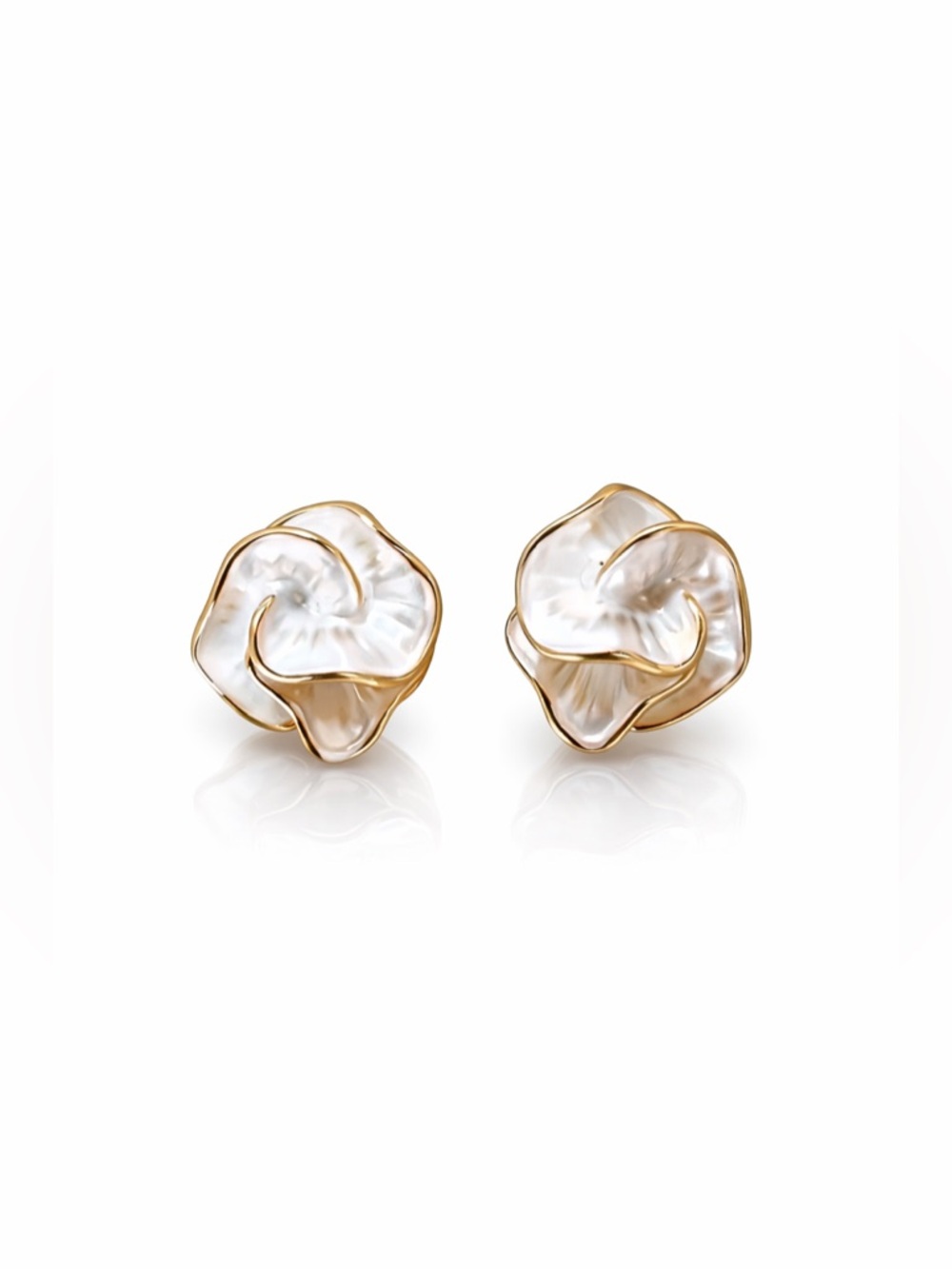 Elegant Gold-Trim White Pearl Floral Stud Earrings